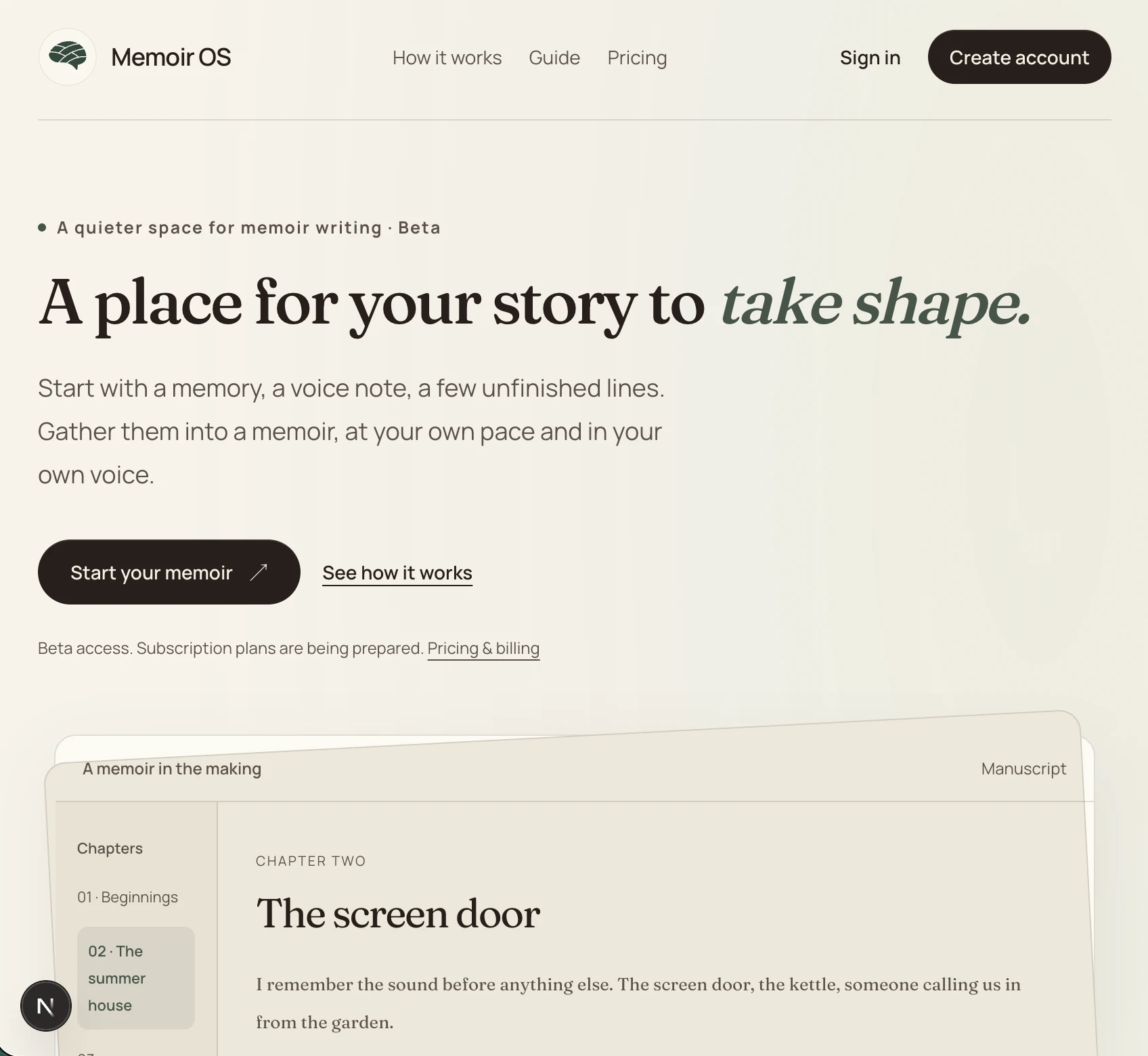 Memoir OS beta, a place for your story to take shape.