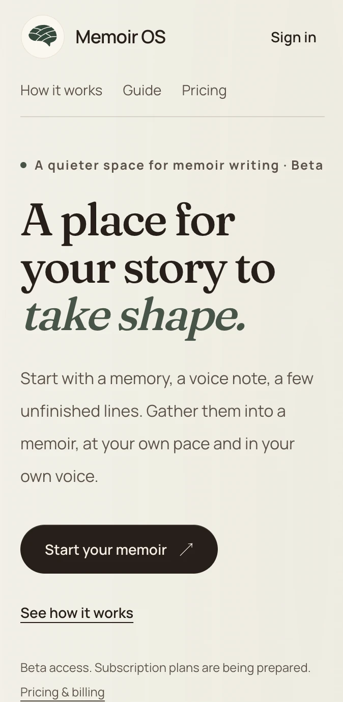 Memoir OS beta landing page on mobile, with the heading A place for your story to take shape and a Start your memoir button.