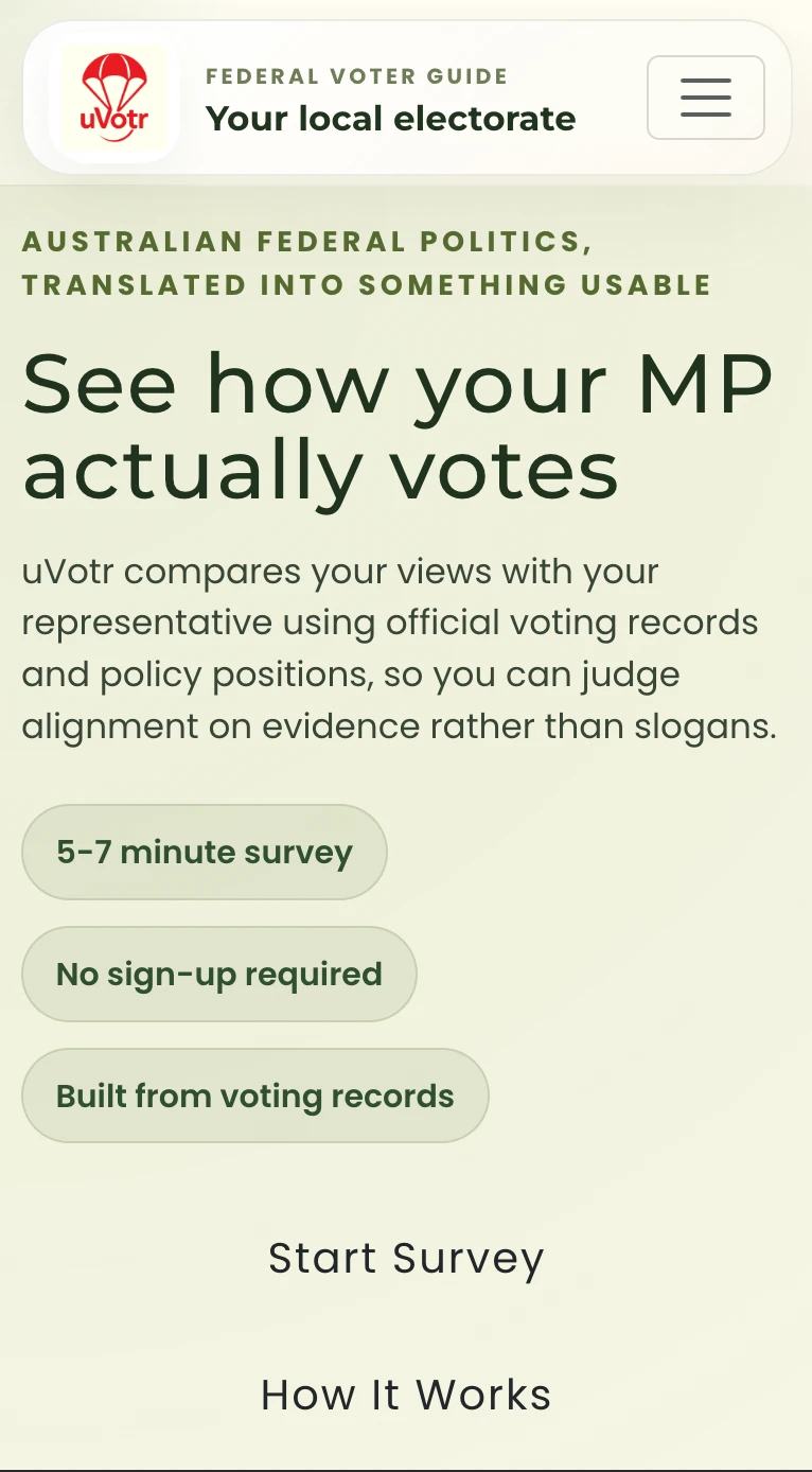 uVotr mobile landing page introducing a survey comparing views with a federal representative’s voting records and policy positions.